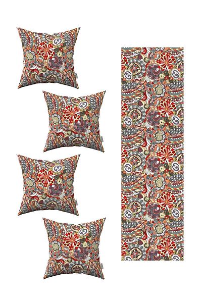 Cango Home Red Blue Tapestry Motif Patterned Digital Printed 4-Piece Throw Pillow Cover 1 Runner Set 4kmbs325-RS