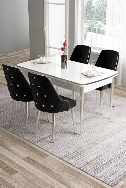 Canisa Tia Serisi 80x132 Açılabilir Mdf Beyaz Gold Detay Mutfak Masa Takımı V...