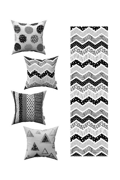 Cango Home Husă de pernă din 4 piese cu model geometric alb-negru 1 set de alergători 4kmbs82-rs-01