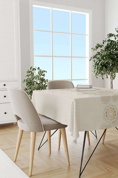 Cango Home Beige Cream Ramadan Themed Motif Patterned Digital Printed Tablecloth Cgh1289-ms