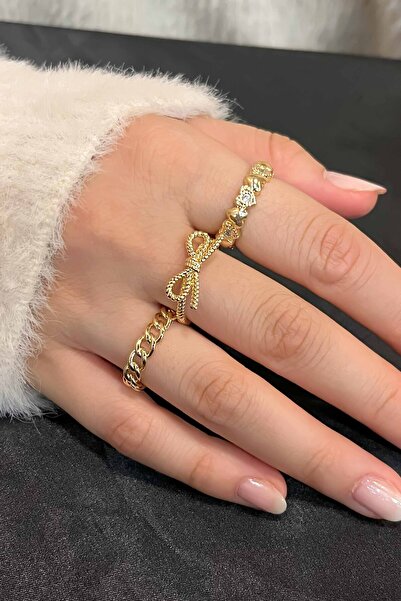 TREND COLLECTİON Zirkon Taşlı Gold Zarif Ayarlanabilir Zincir, Fiyonk, Kalp 3...