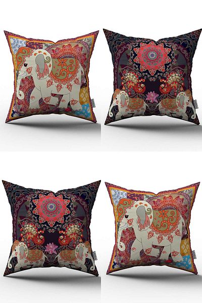 Cango Home Ethnic Elephant Patterned Bohemian Style Digital Printed Throw Pillow Cover Set 4Kmbs192 Orange Red m