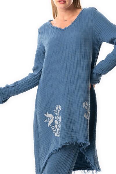 Eliş Şile Bezi Double Muslin Tunic with Asymmetrical Cutout Embroidery - Long Sleeve, V-Neck, Autumn and Winter, Indigo Indg