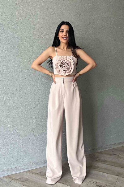 Seda Yalçın Atelier Pantaloni Palazzo cu pliuri duble bej