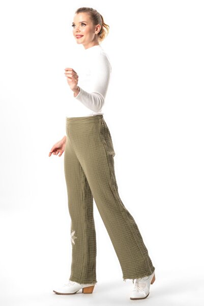 Eliş Şile Bezi Khaki Color Double Muslin Trousers - Sprout, Autumn and Winter Embroidery, Elastic Waist
