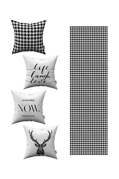 Cango Home Husă de pernă decorativă modernă, alb-negru, 4 piese, 1 set de alergători 4kmbs79-rs
