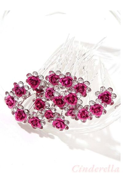 Cinderella Pachet de 10 agrafe de păr cu design de flori din mini piatră de cristal roz fierbinte - Agraf de păr pentru nunți Henna Promise Bun