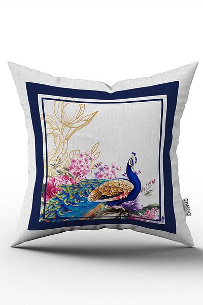 Cango Home Față de pernă cu două fețe, albastru, gri, decorativ, cu model de păun, imprimată digitală, Cgh1067