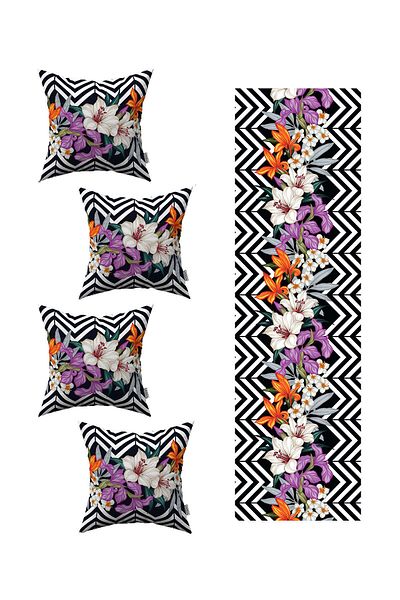 Cango Home Black and White Zigzag Flower Patterned 4-Piece Throw Pillow Cover 1 Runner Set 4kmbs237-rs
