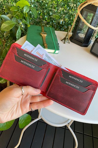 Modica Tulipa - Tumbled Genuine Leather Natural Slim Classic Red Men's Wallet, High-Level Detail Workmanship