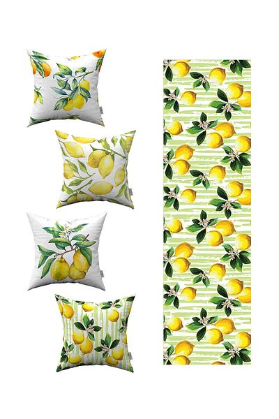Cango Home Semi Solid 4-Piece Swallow Case |   Yellow Green Lemon Motif |   1 Runner Set 4Kmbs92-Rs-02