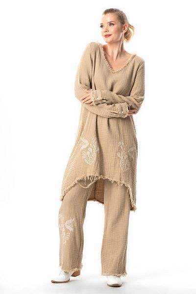 Eliş Şile Bezi Sprout V-Neck Embroidered Asymmetrical Cut Long Sleeve Muslin Tunic - Autumn and Winter Mink Vzn