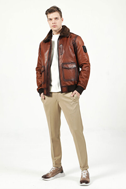 Dericlub Montreal Men's Genuine Leather Savaki Collar Fur Pilot Coat Taba