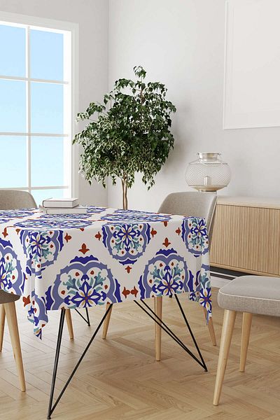 Cango Home Alb Albastru Modern Etnic Tigla Model Imprimata Digital Masa Cgh574-ms