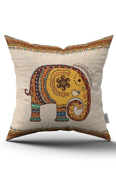 Cango Home Față de pernă cu două fețe crem cu model etnic elefant imprimat digital -cgh1256-ct