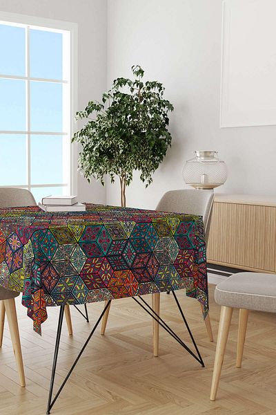 Cango Home Navy Blue Multicolored Retro Vintage Patterned Digital Printed Tablecloth Otyk018-ms