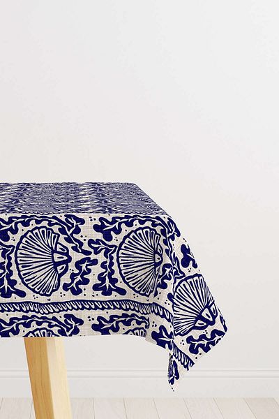 Cango Home Navy Blue Beige Marine Themed Seashell Patterned Digital Printed Tablecloth Cgh632-ms