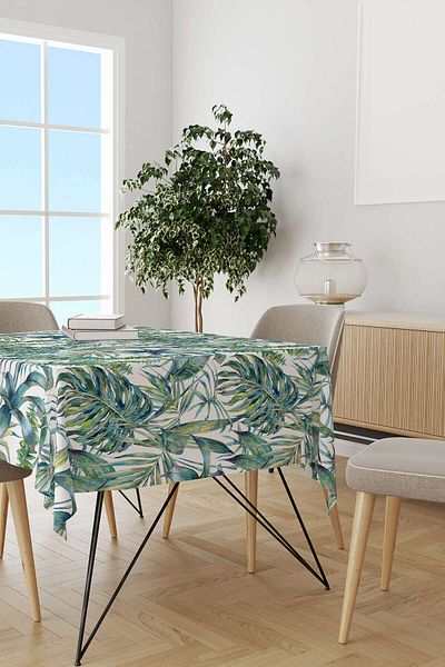 Cango Home Green and White Tropical Leaf Tablecloth Cgh037-ms