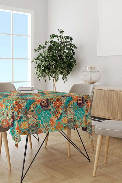 Cango Home Orange Blue Ethnic Vintage Patterned Digital Printed Tablecloth Cgh599-ms