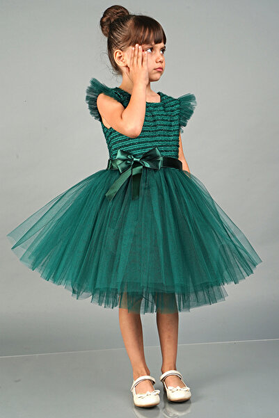 Mixie Βραδινό φόρεμα για κορίτσια από τούλι με πράσινο μανίκι Pompom