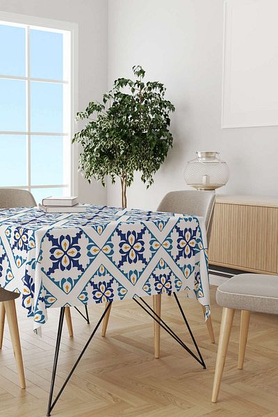 Cango Home Alb Albastru Modern Etnic Tigla Model Digital Printed Table Shirt Cgh576-ms