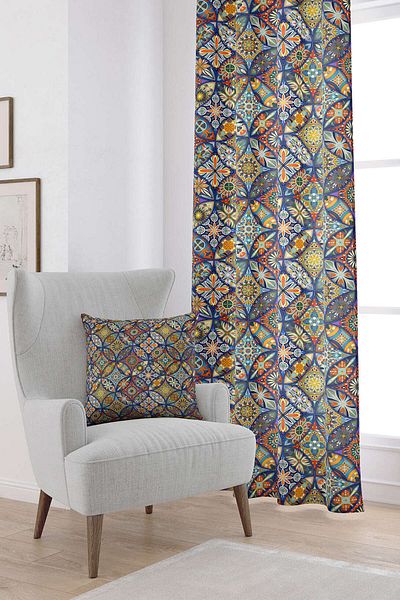 Cango Home Ψηφιακή τυπωμένη κουρτίνα Navy Blue Retro Vintage με μοτίβο Otyk023-pr