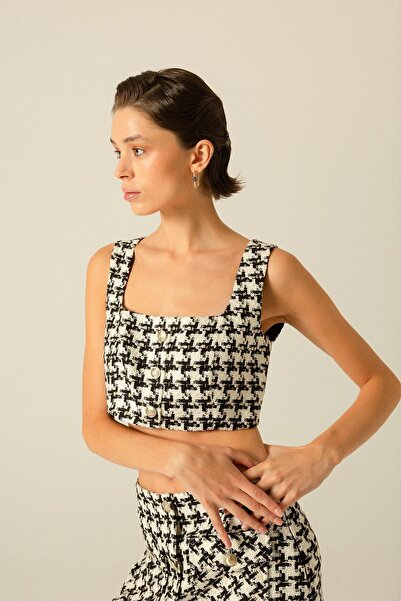 rue Блузка з квадратним коміром, з ґудзиками, з твіту, екрю