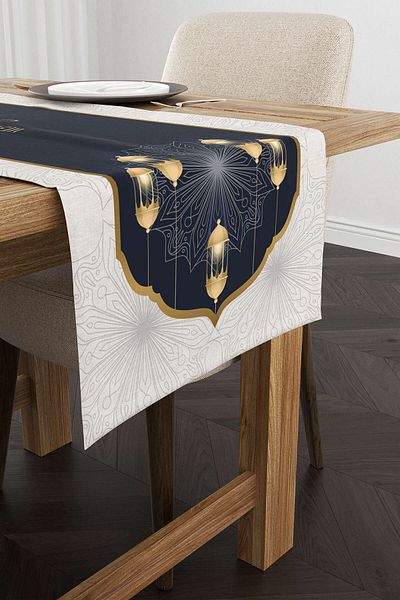Cango Home Navy Blue White Ramadan Themed Patterned Digital Printed Runner Cgh1293-rn