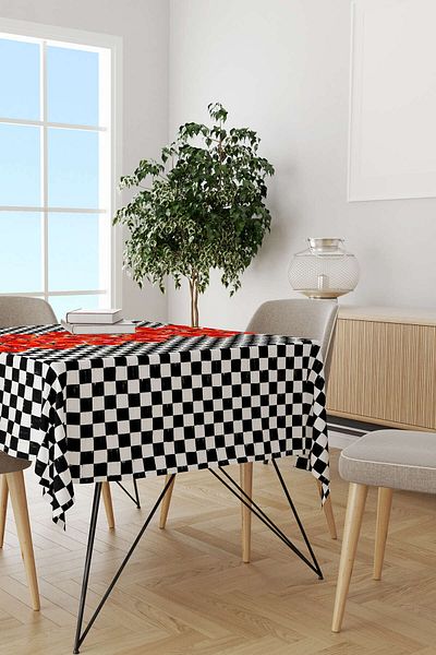 Cango Home Red Black Checkered Flower Patterned Digital Printed Tablecloth Cgh1071-ms