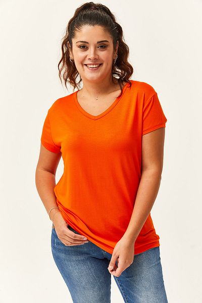 Ebsumu Plus Size V-Neck Orange Basic T-Shirt - Short Sleeve