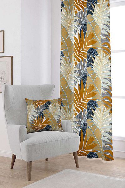 Cango Home Καφέ Navy Blue Tropical Leaf μοτίβο ψηφιακής τυπωμένης κουρτίνας Otyk767-pr