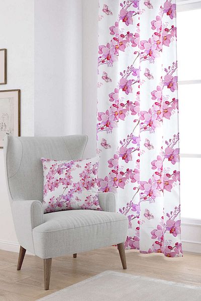 Cango Home White Pink Orchid Patterned Digital Printed Curtain Otyk768-pr