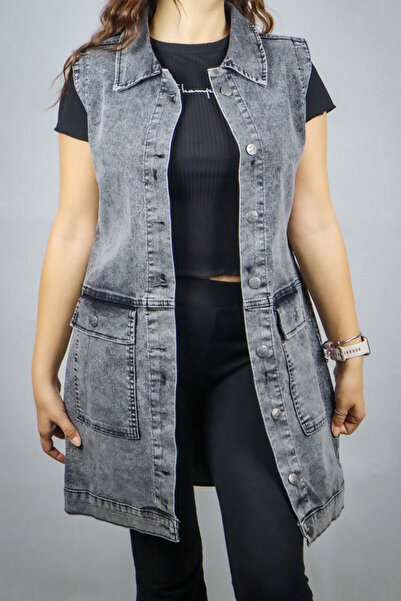 LİMABEL Women's Sleeveless Denim Vest Smoked Denim Jacket Gray Denim Vest