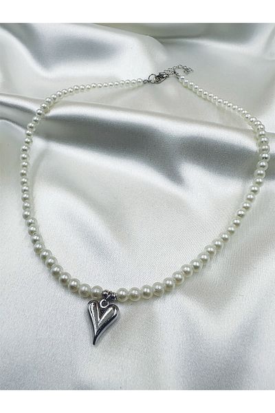 Eylülün Takısı Silver Color Heart Necklace with Pearls