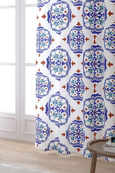 Cango Home White Blue Modern Ethnic Tile Patterned Digital Printed Curtain Cgh574-pr