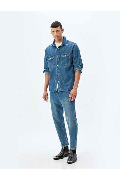 Koton Jachetă cămașă din denim cu mânecă lungă din bumbac - Detaliu buzunar cu clapă