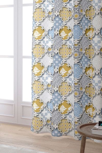 Cango Home Yellow Blue Ethnic Vintage Patterned Digital Printed Curtain Cgh583-pr