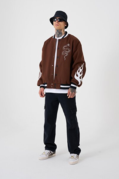 Machinist Jachetă bomber maro oversize Snake pentru bărbați