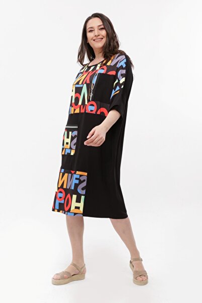 Ebsumu Women's Large Size Letter Patterned Casual Black Dress with Front Pockets