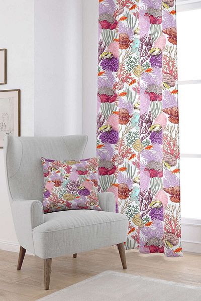 Cango Home White Multicolored Marine Patterned Digital Printed Curtain Otyk765-pr