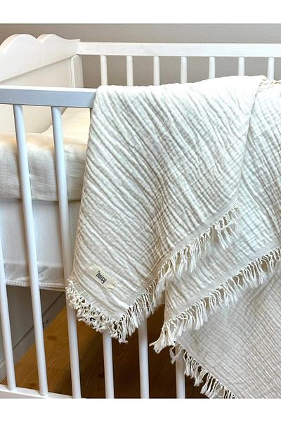 NOİSY TEKSTİL Ecru 4 Layer Fringed Muslin 100% Cotton Muslin Blanket & Cover 110 X 110 cm