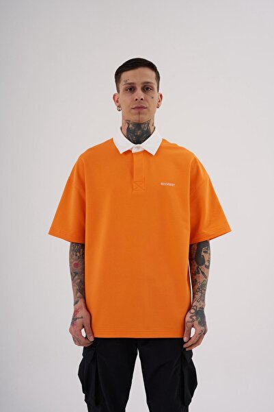 Machinist Men's Basic Oversize Orange Ecru Polo Neck T-Shirt