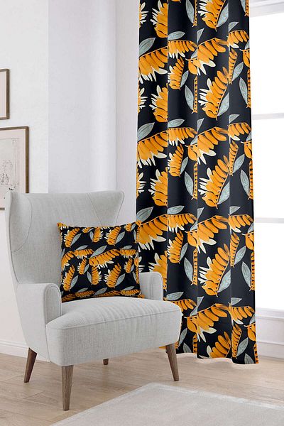 Cango Home Navy Blue Orange Tropical Digital Printed Κουρτίνα Cgh052-pr