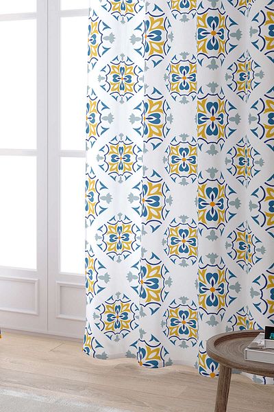 Cango Home Alb Albastru Modern Etnic Tigla Model Digital Printed Cortina Cgh565-pr