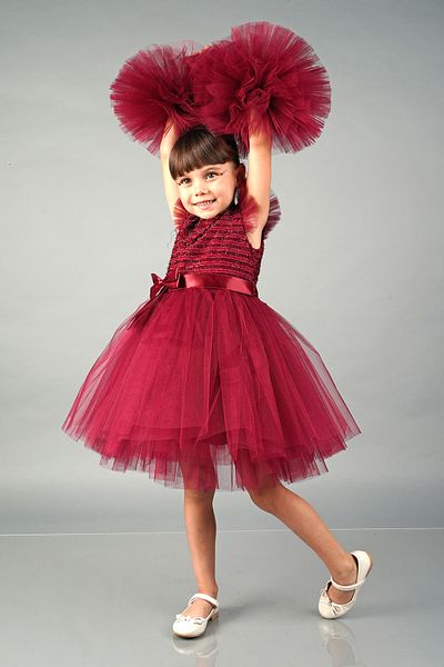 Mixie Burgundy Pompom Sleeves Tulle Girls' Evening Dress Party Dress