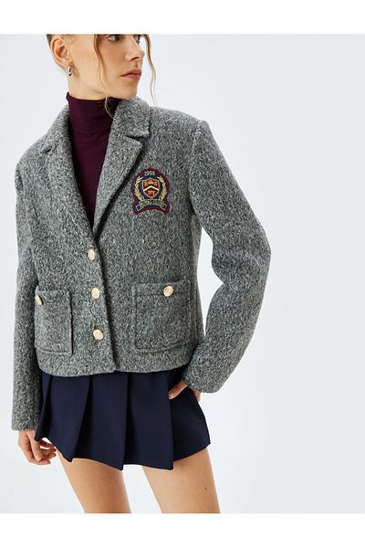 Koton College Embroidered Button Pocket Detailed Double Breasted Lined Textured Jacket