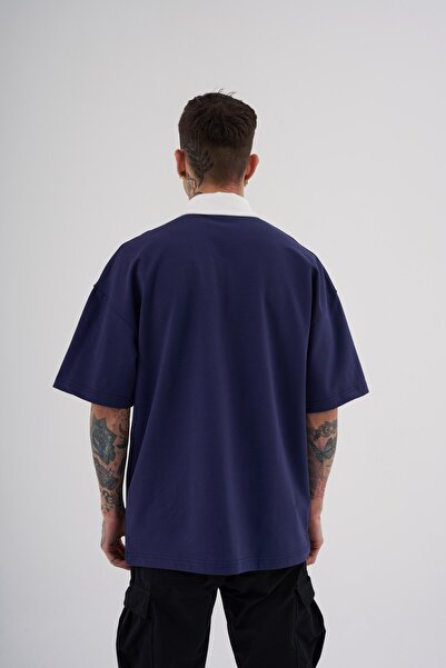 Machinist Ανδρικό μπλουζάκι με λαιμόκοψη Oversize Navy Blue Ecru Polo