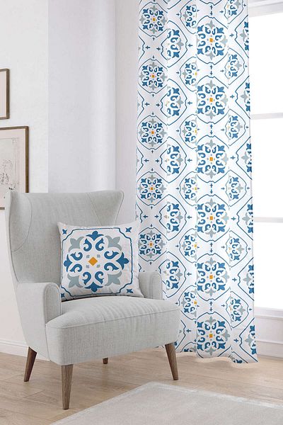 Cango Home Alb Albastru Modern Etnic Tigla Model Digital Printed Cortina Cgh575-pr