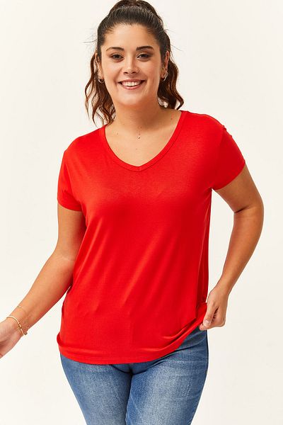 Ebsumu V-Neck Red T-Shirt - Women's Plus Size, Short Sleeve