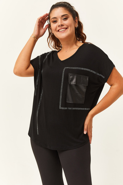 Ebsumu Women's Plus Size Pocket Printed Stone Detail Black Blouse
